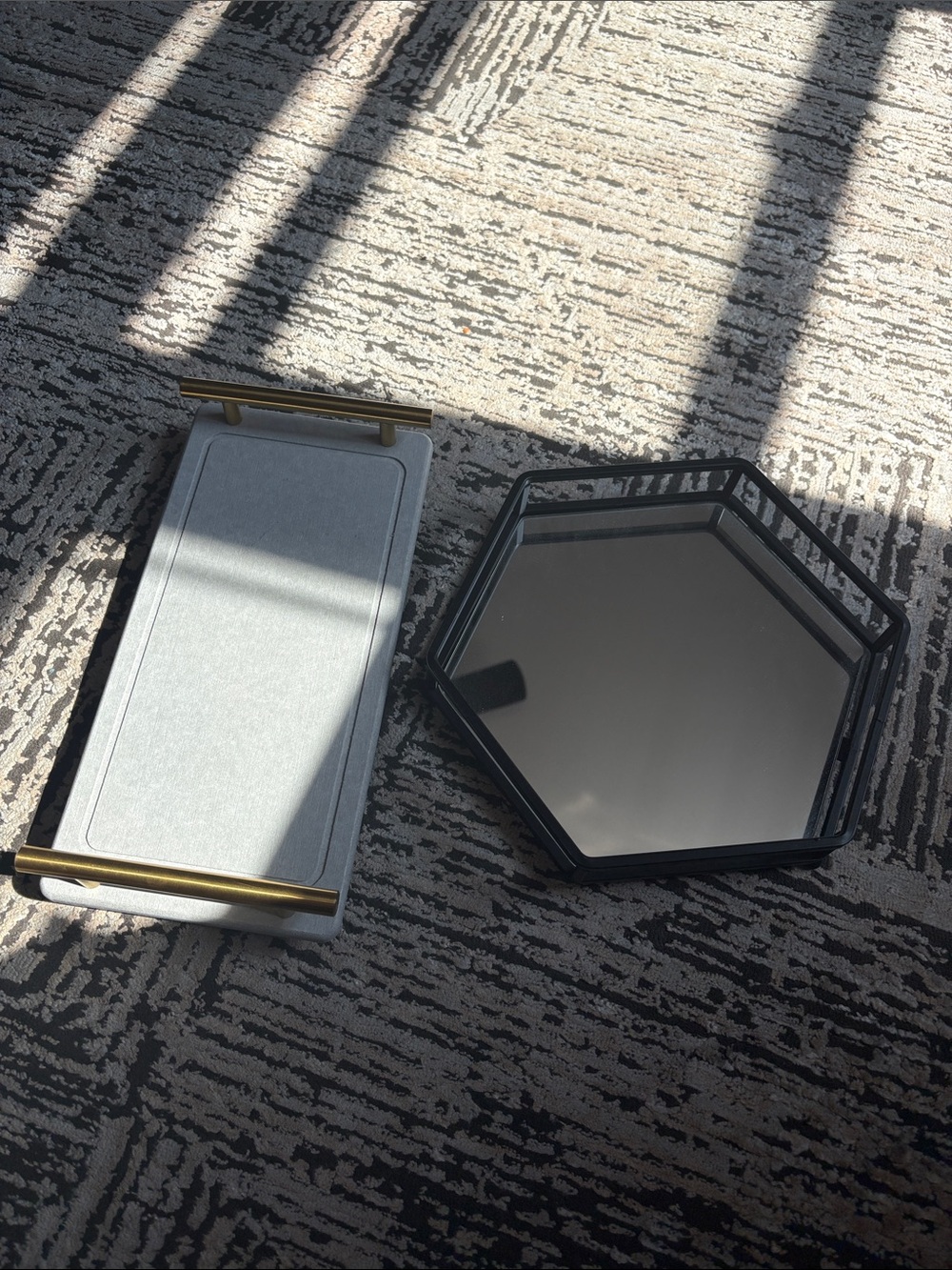 Hexagonal Black Mirrored Tray & Rectangular Gray Tray with Brass Handles